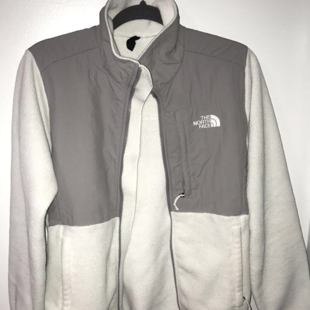 White and grey North Face jacket